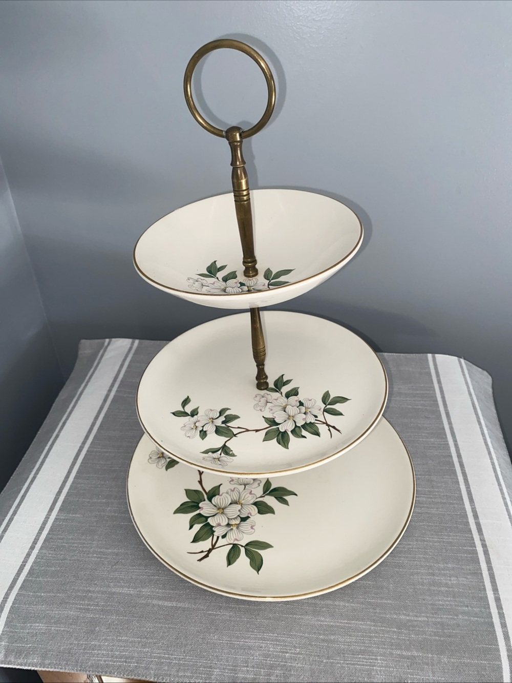 Three Tier Dessert Petit Stand - Cream Dog Wood Floral Design Vintage Porcelain